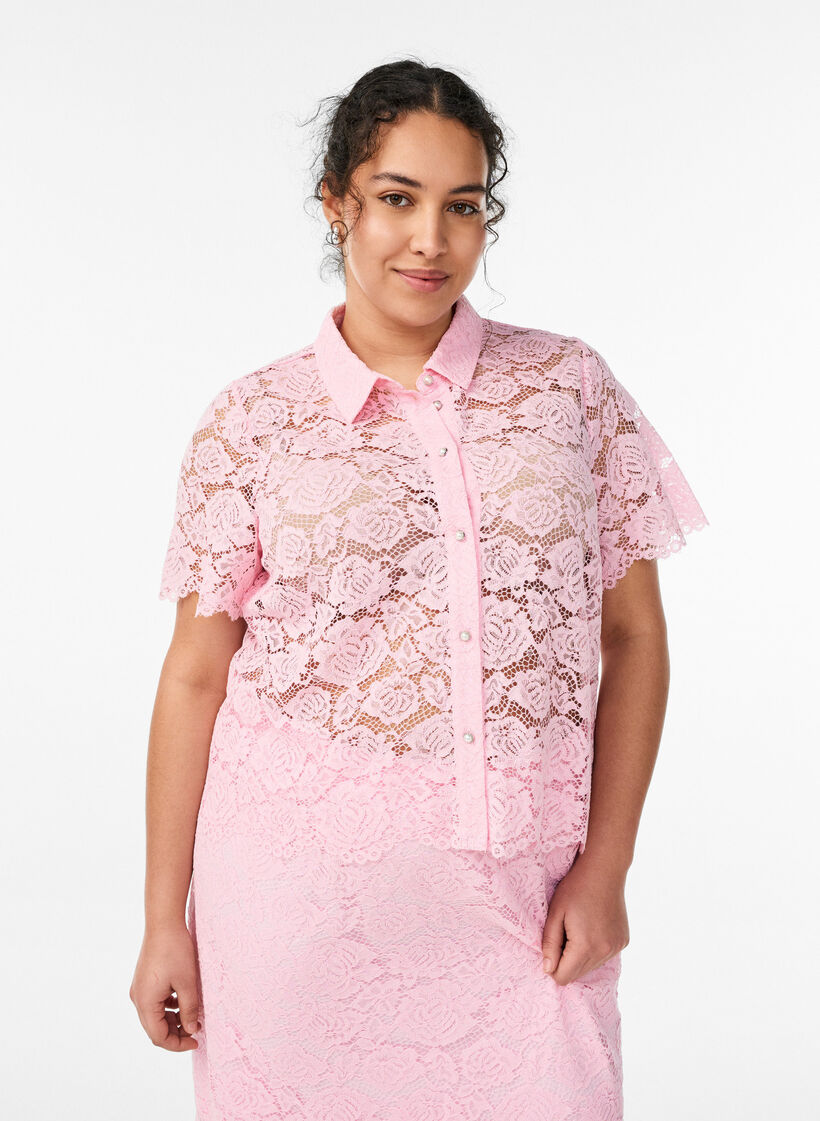 Lace shirt blouse with pearl buttons, Rose, Model image number 0