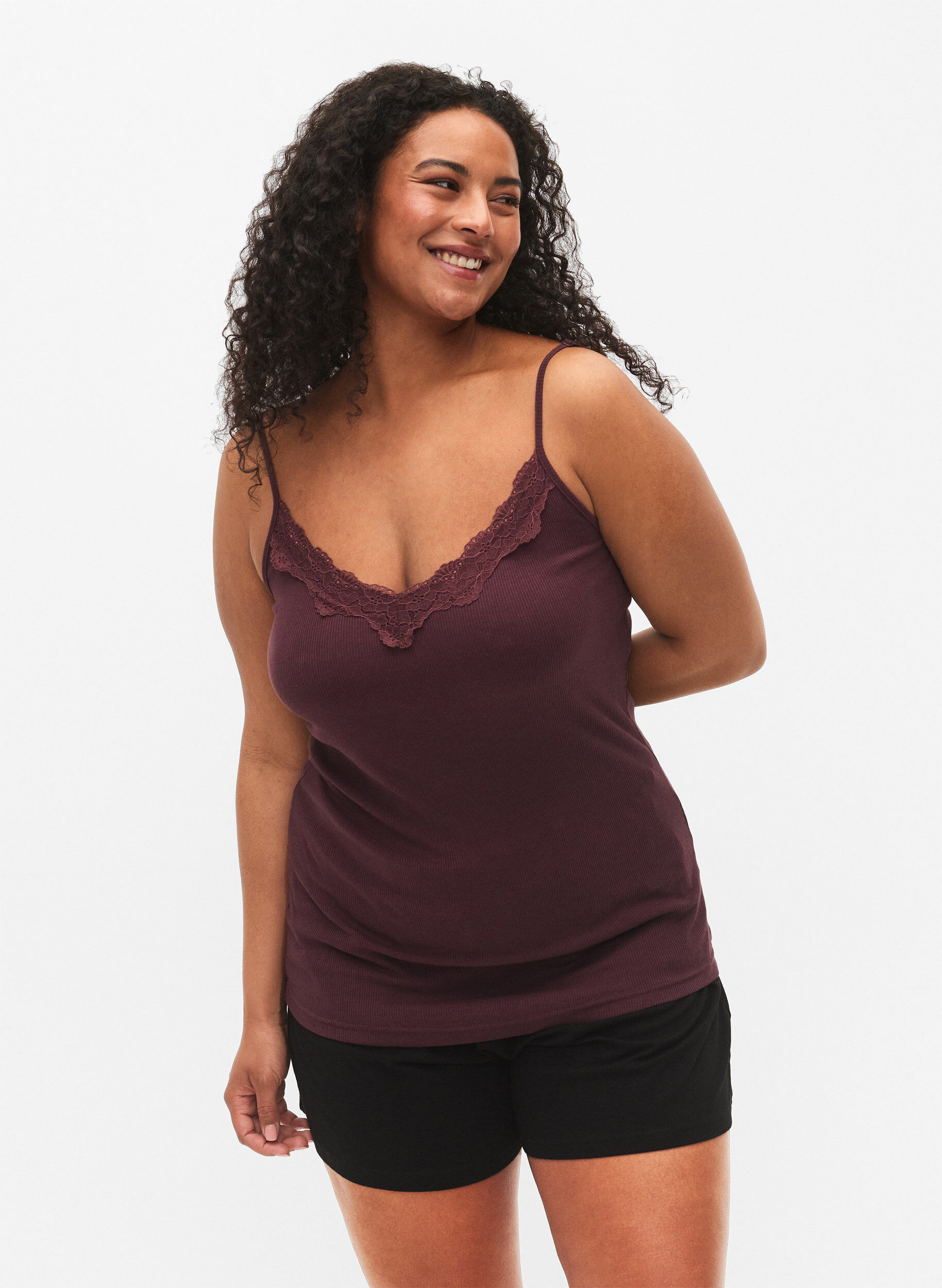 Zizzifashion 2-pack night tops in rib, Black/Fudge, Model image number 0