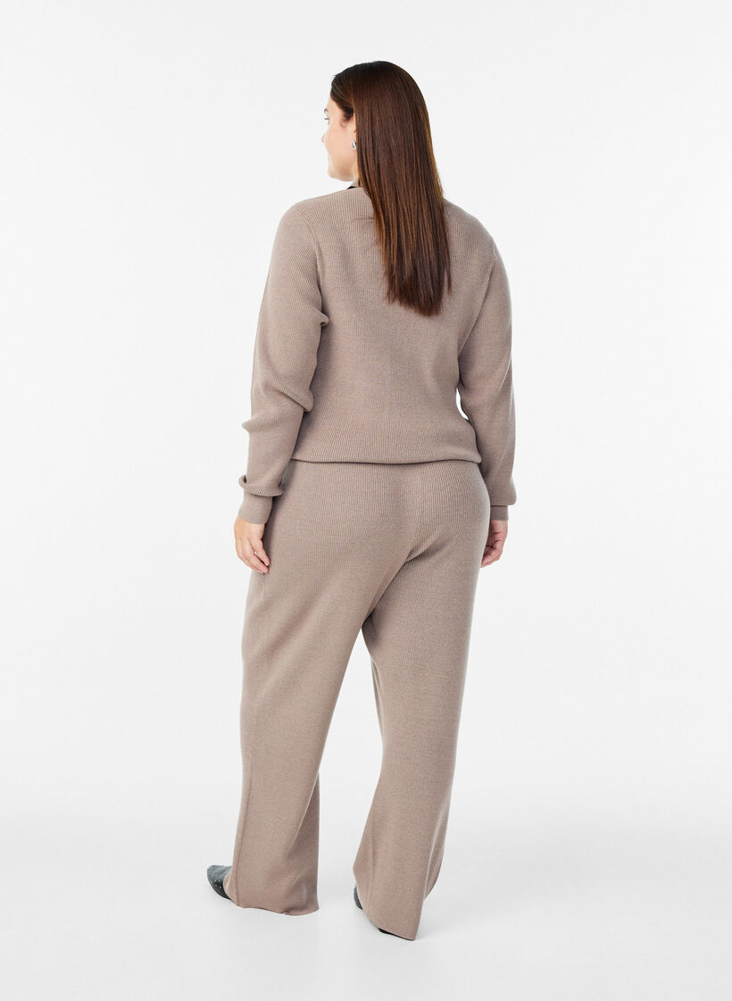 High-waisted rib-knit trousers with straight legs, Beige, Model image number 1