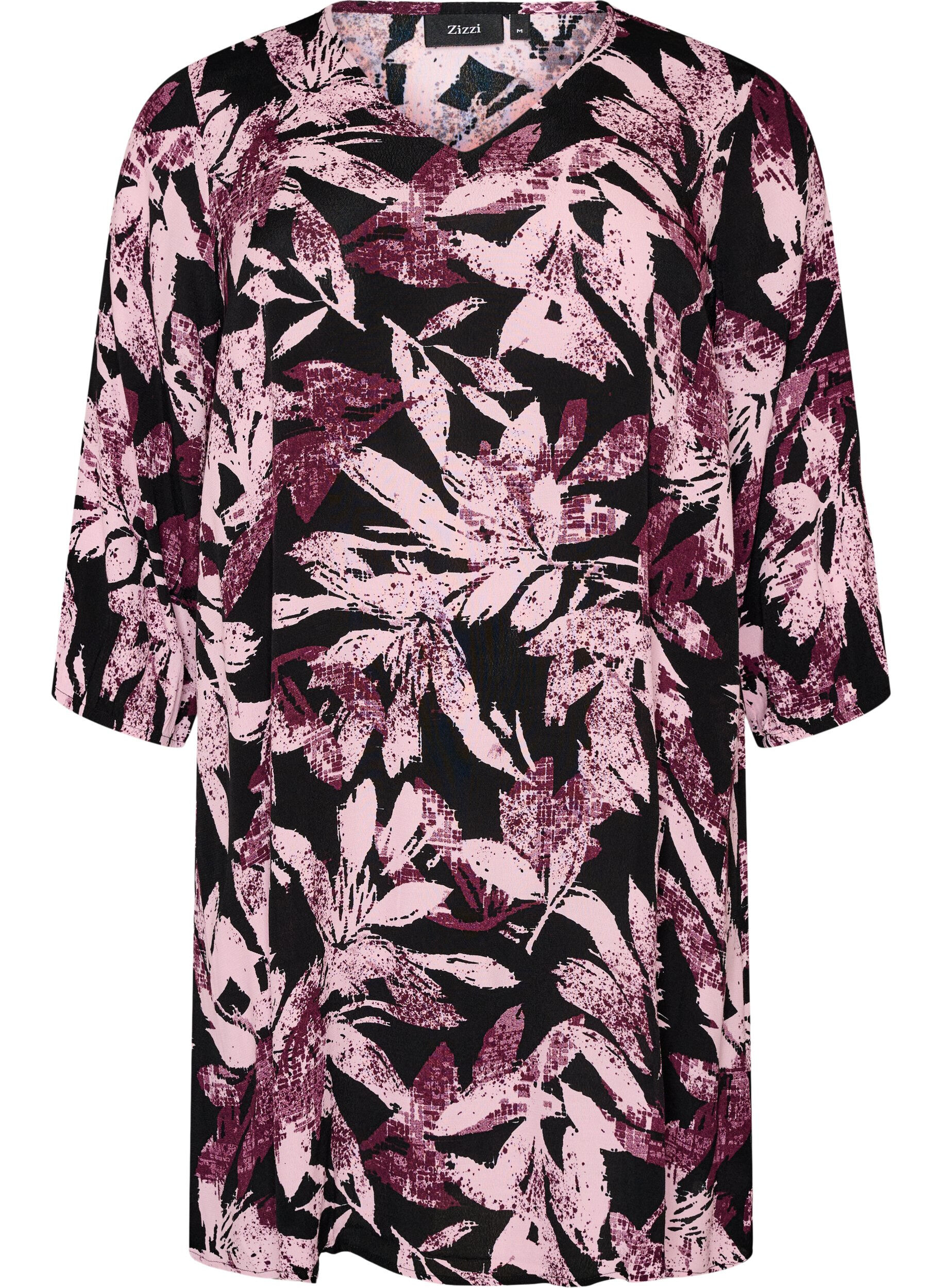 ZizzifashionShort floral viscose dress with 3/4 sleeves, Black, Packshot image number 0
