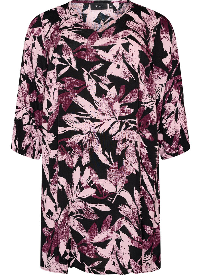 Short floral viscose dress with 3/4 sleeves, Black, Packshot image number 0
