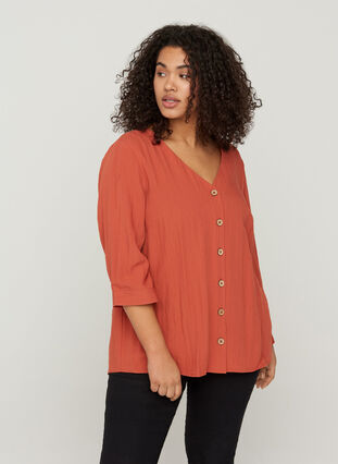 Viscose blouse with buttons and v-neck, Burnt Brick, Model image number 0