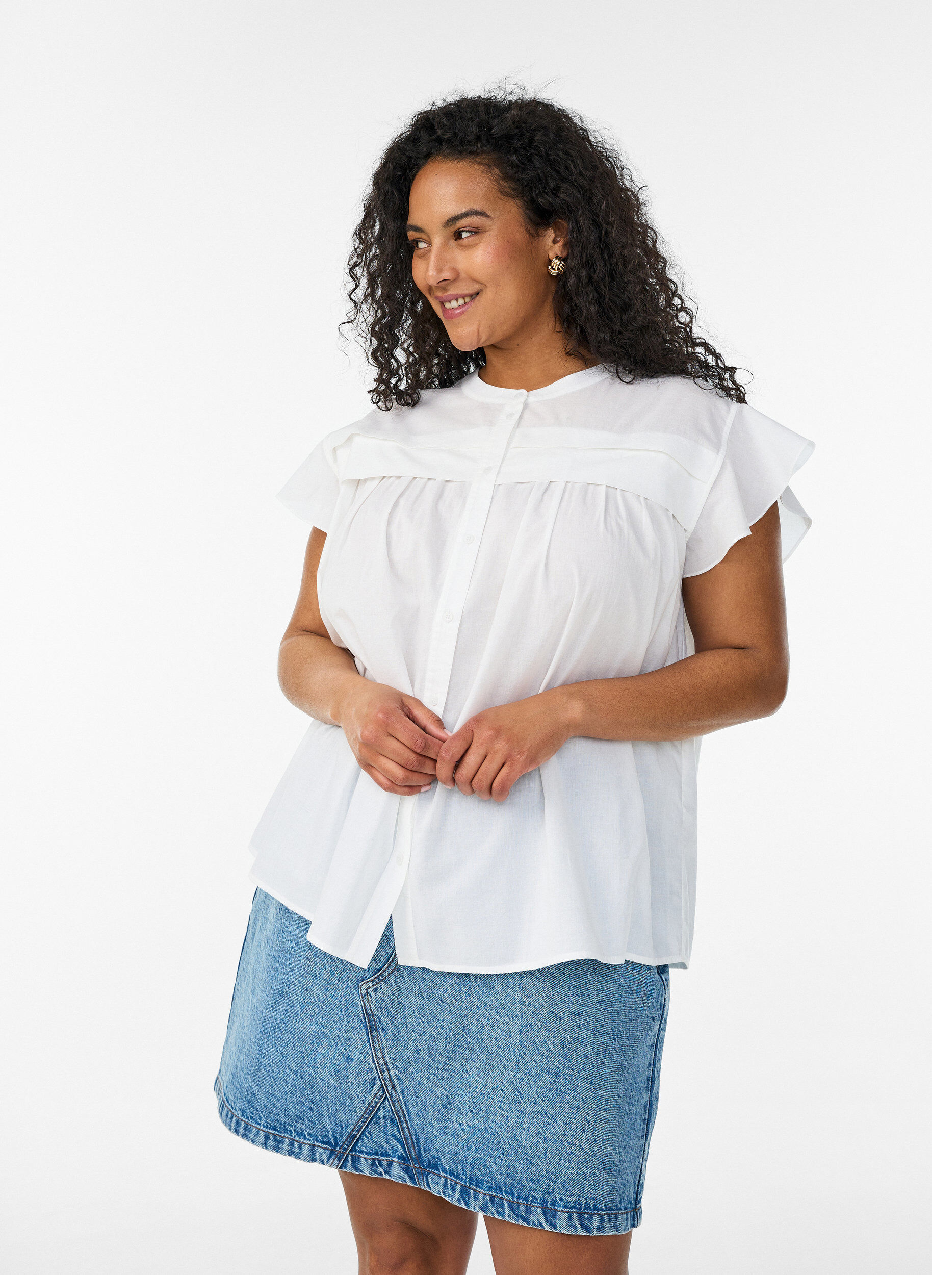 Zizzifashion Sleeveless A-line cotton shirt blouse, White, Model image number 0