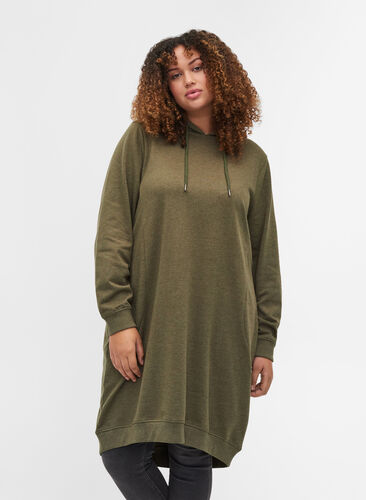 Hoodie sweatshirt dress, Ivy Green Mel, Model image number 0