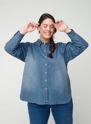 Denim shirt with puff sleeves, Blue denim, Model image number 2