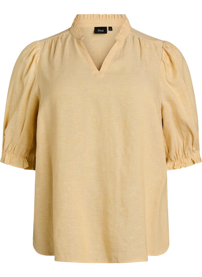 Blouse in linen and viscose with 1/2 sleeves, Yellow, Packshot image number 0