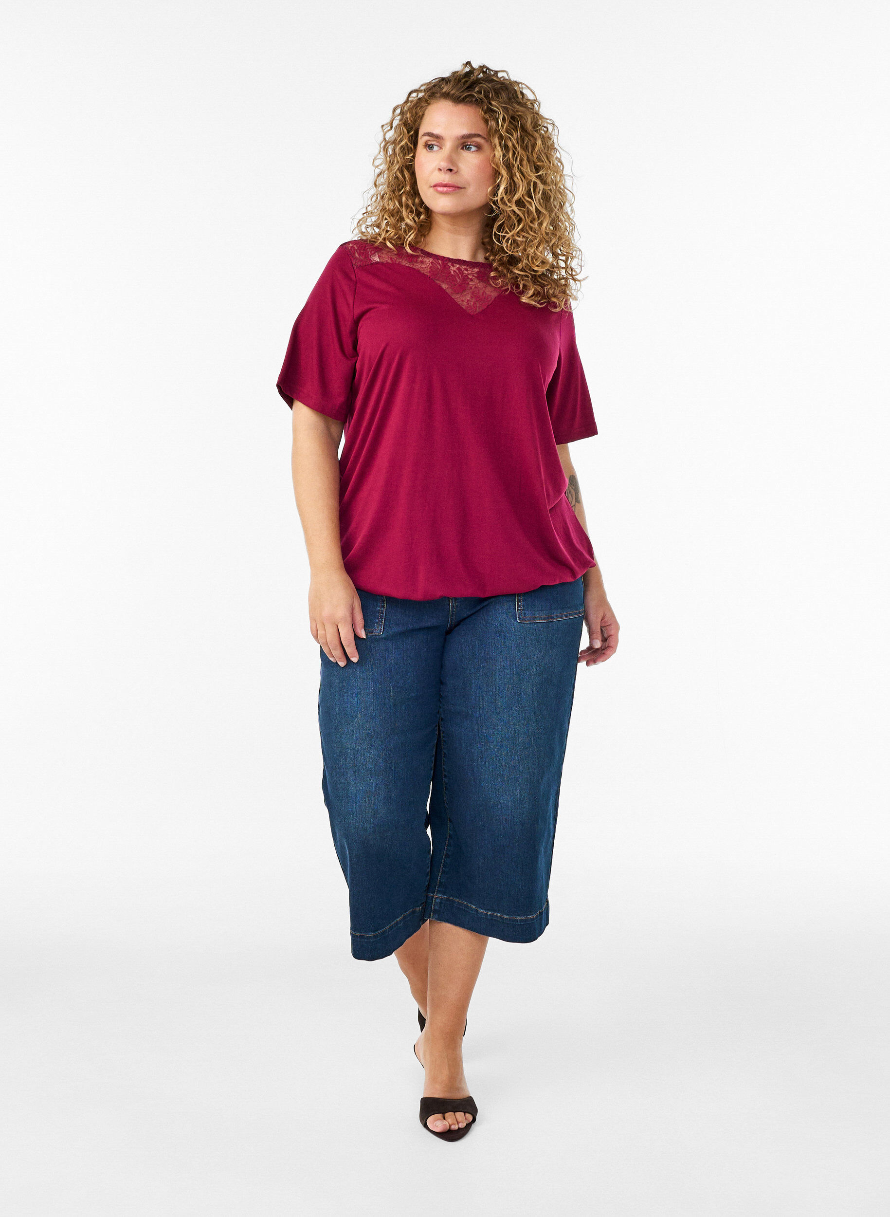 Zizzifashion Blouse with lace insert and balloon sleeves, Red, Model image number 1