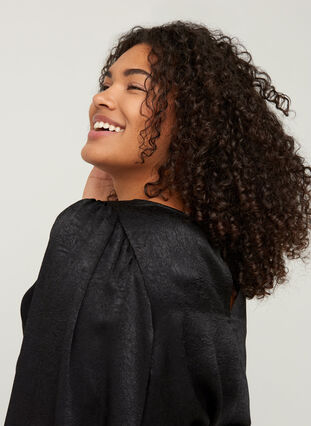 Textured dress with puff sleeves, Black, Model image number 1