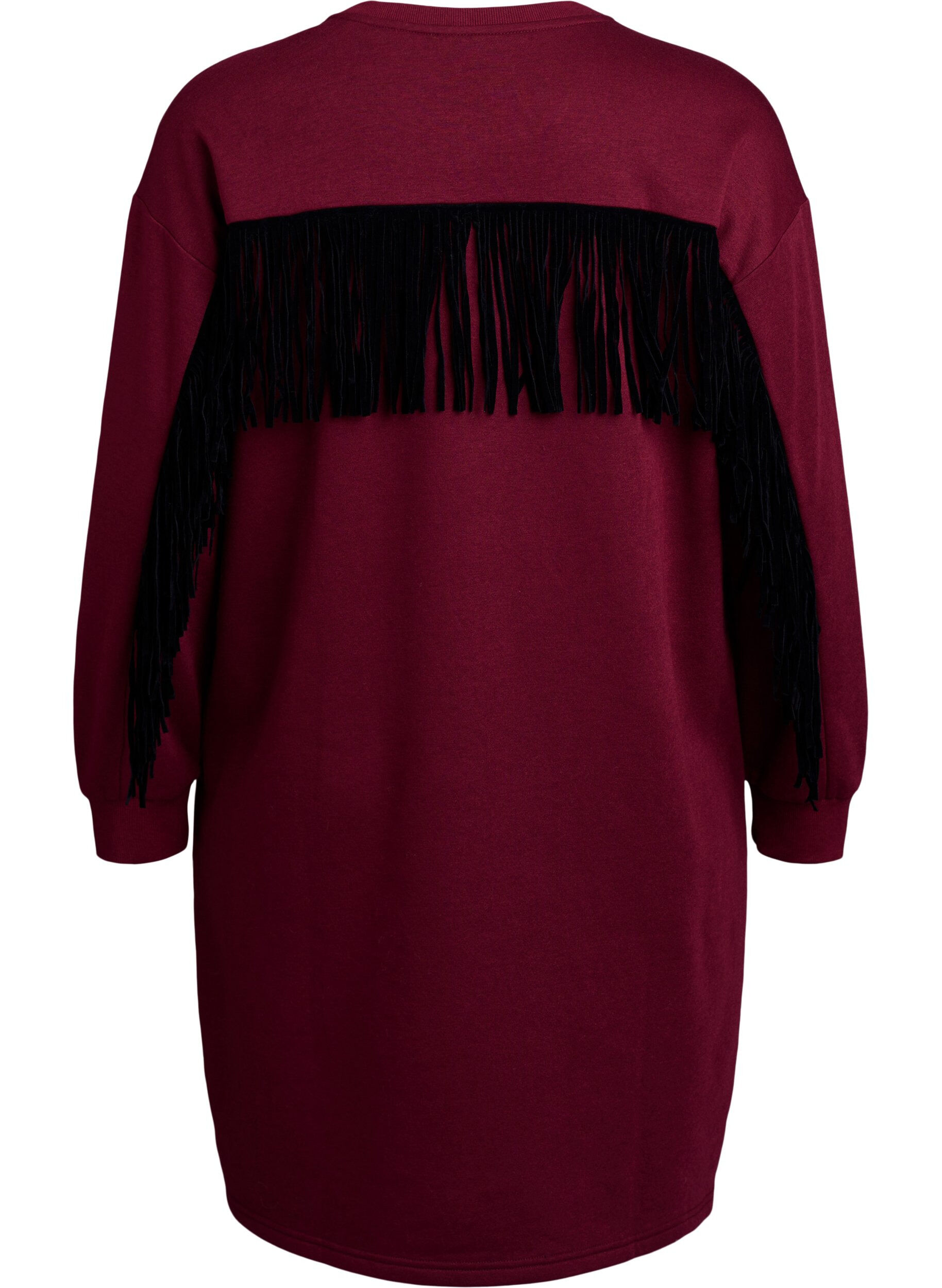 Zizzifashion Knee-length sweat dress with fringes, Dark Bordeaux, Packshot image number 1