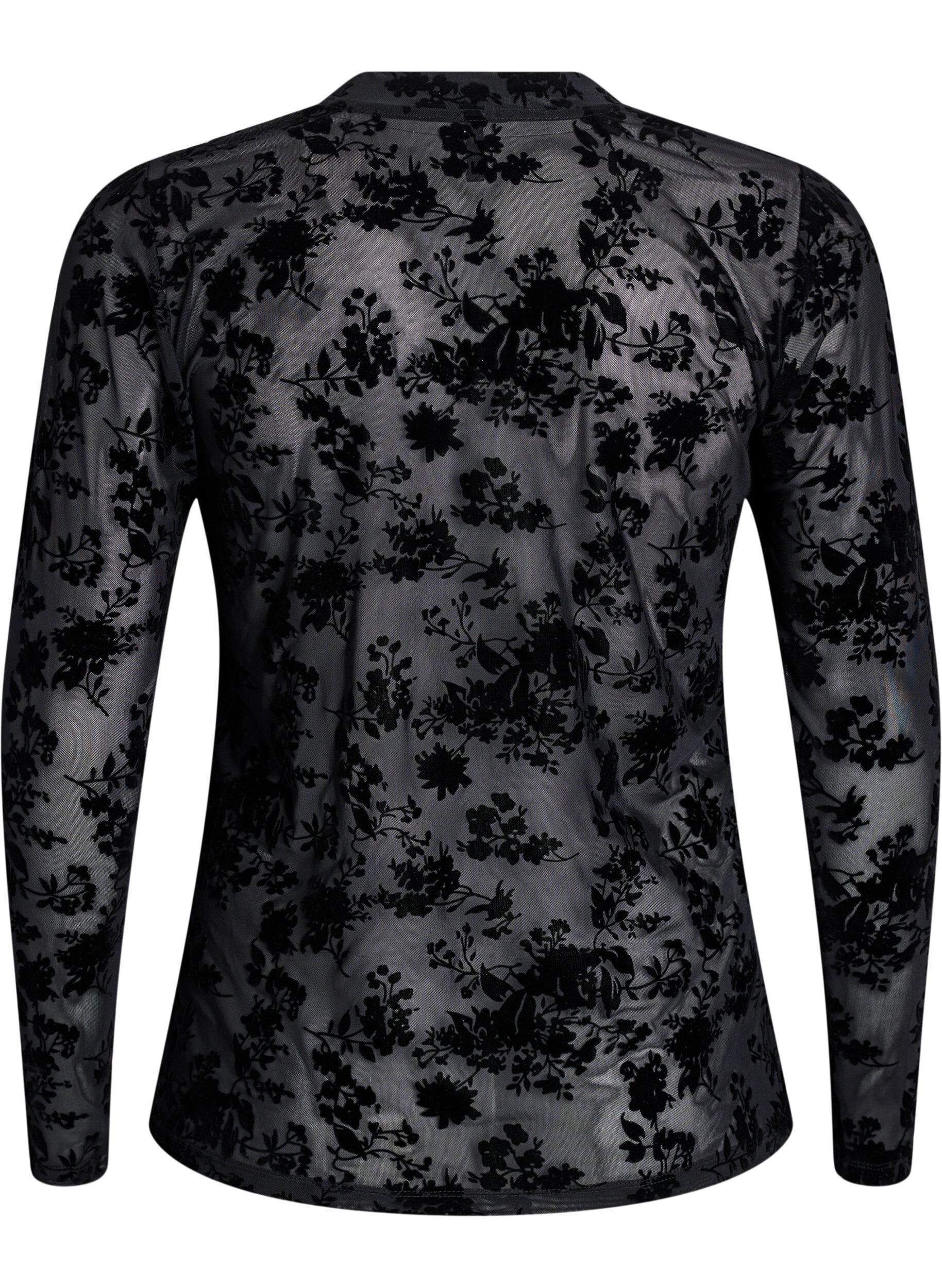 ZizzifashionMesh blouse with floral pattern, Black, Packshot image number 1