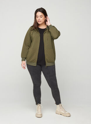 Sweater cardigan with a hood a zip, Ivy Green, Model image number 2