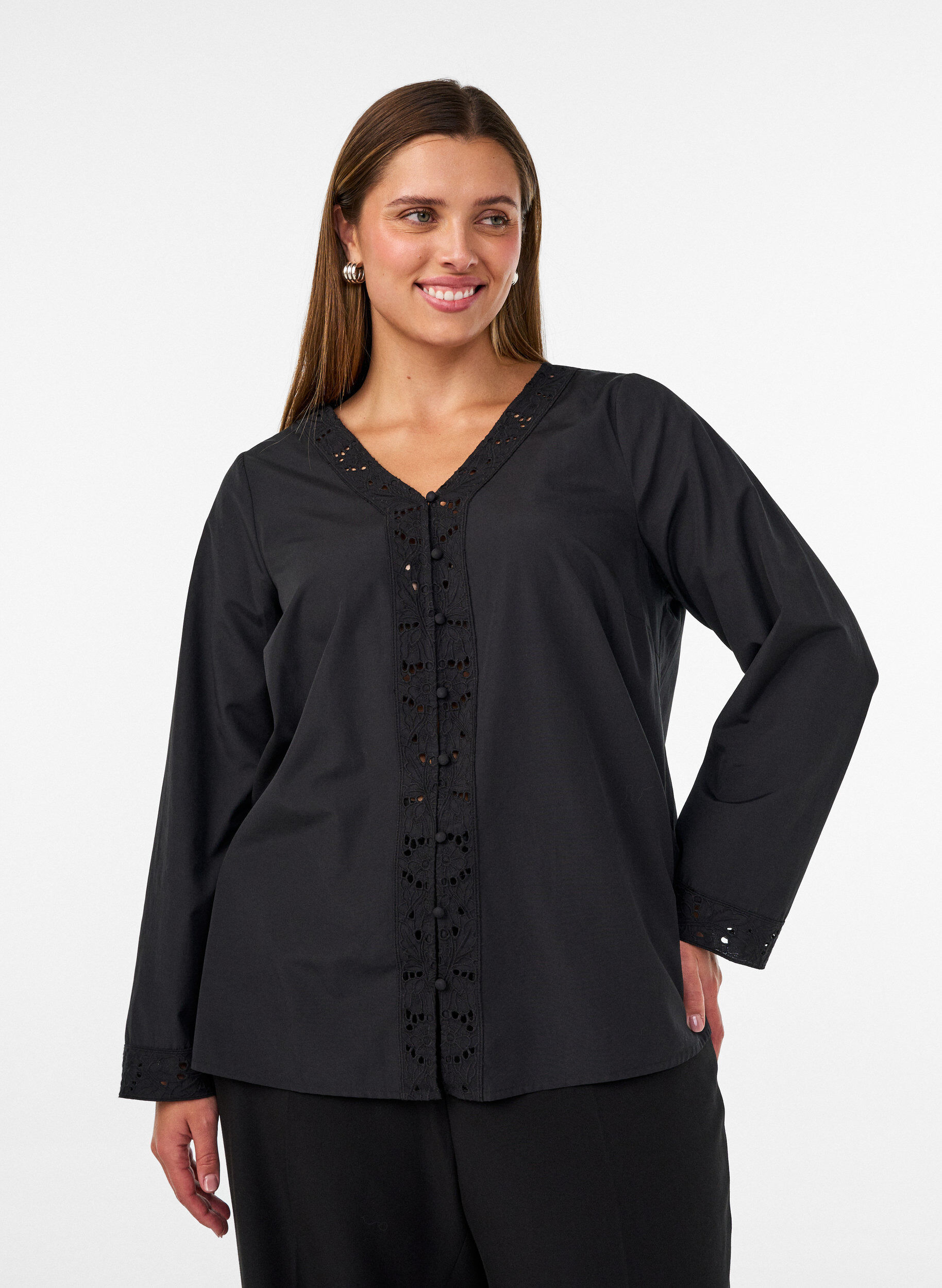 ZizzifashionShirt blouse with broderie anglaise, Black, Model image number 0