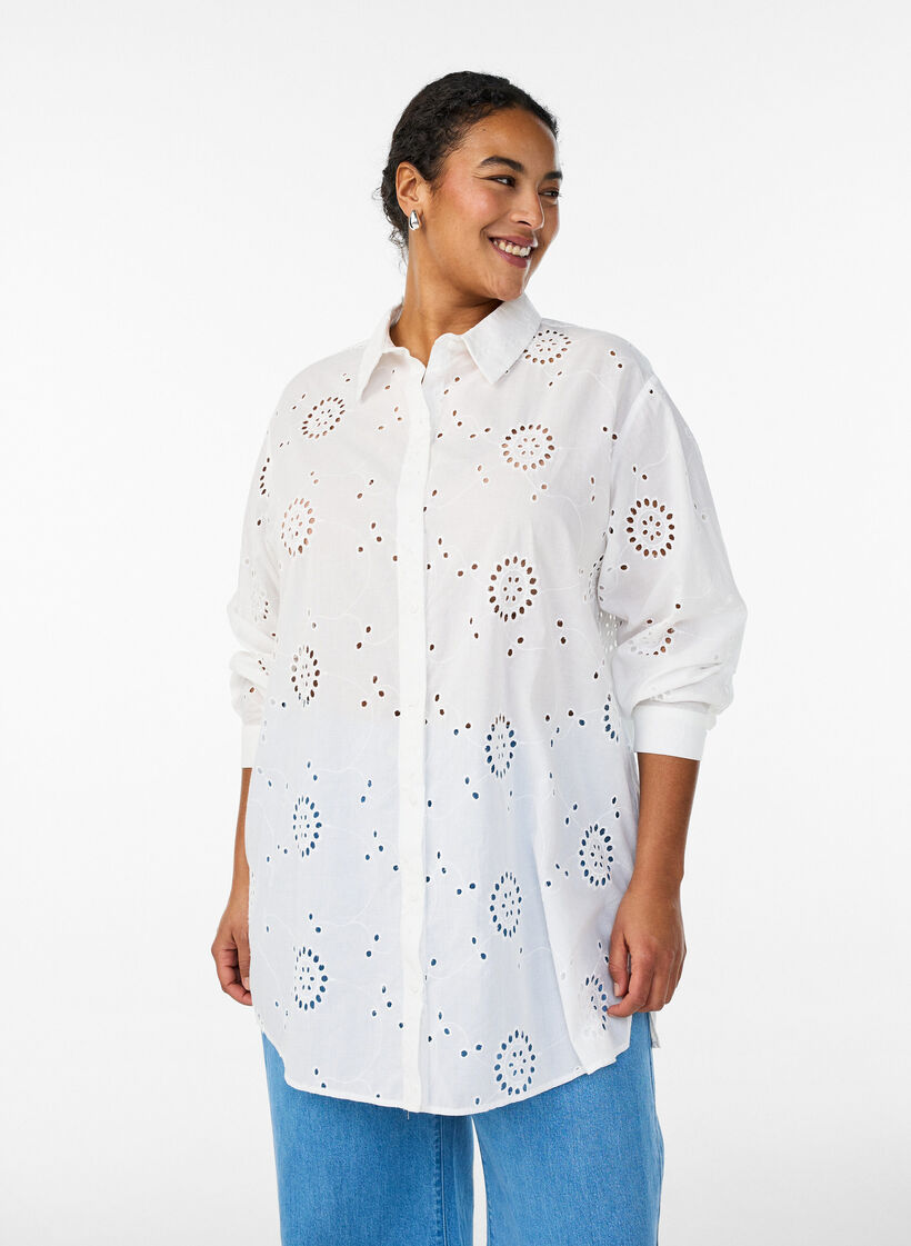 Cotton tunic with broderie anglaise, White, Model image number 0