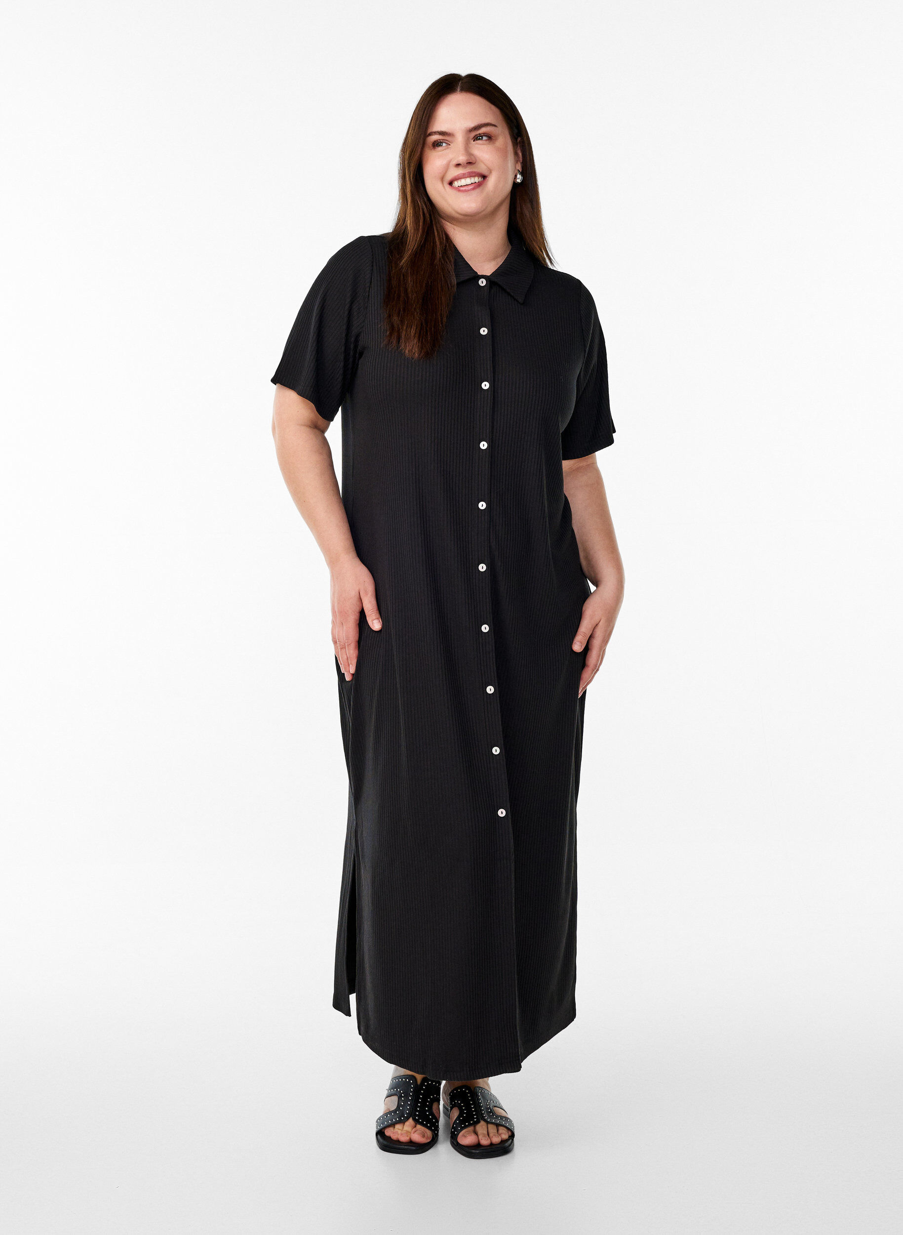 Maxi dress in jersey with collar and short sleeves, Black, Model