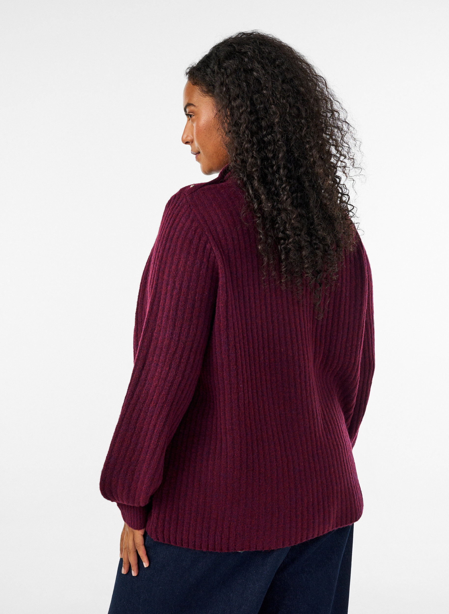 ZizzifashionRibbed jumper with puff sleeves and buttons, Dark Bordeaux, Model image number 2