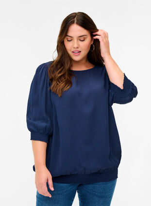 Viscose blouse with 3/4 sleeves and smock, Navy Blazer, Model image number 0