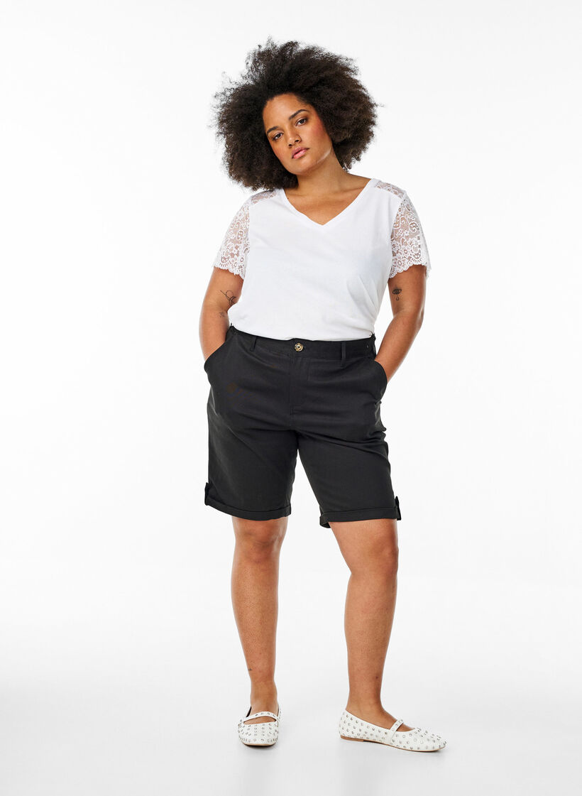 Cotton t-shirt with short lace sleeves, White, Model image number 1