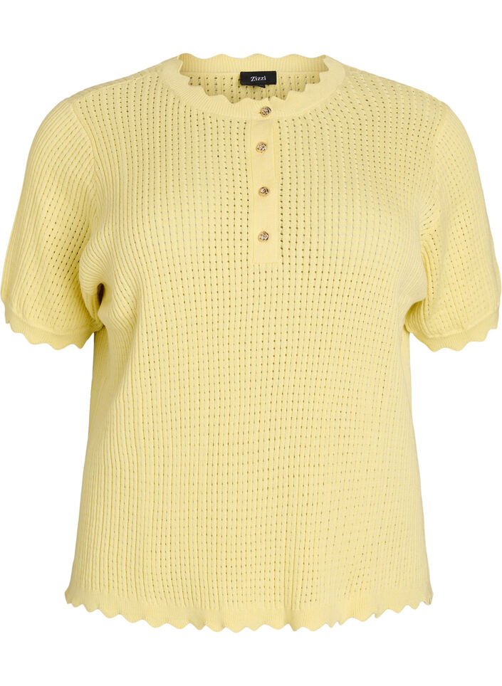 Short-sleeved knit blouse with openwork pattern and wavy edges, Yellow, Packshot image number 0