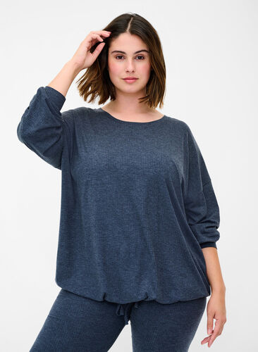 Ribbed fabric blouse with drawstring, Night Sky MEL., Model image number 0