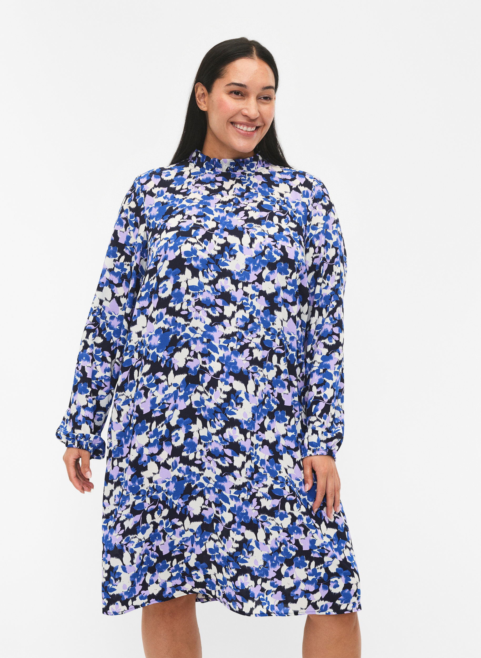 Zizzifashion FLASH - Long sleeve dress with print, Blue Purple Flower, Model image number 0