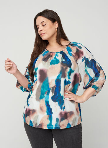 Printed blouse with 3/4 sleeves and tie detail, Reflecting Pond, Model image number 0