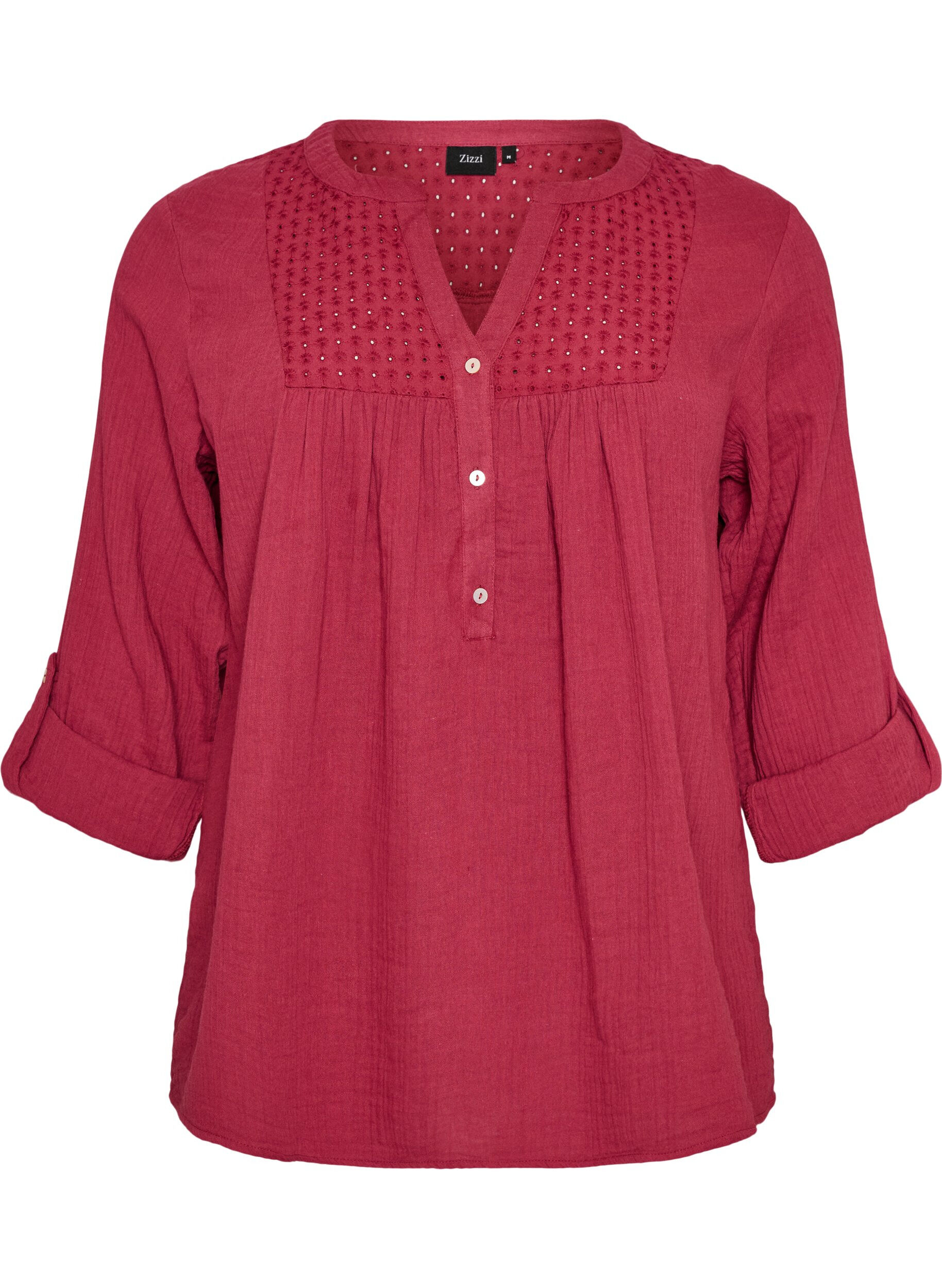 ZizzifashionBlouse in cotton muslin with broderie anglaise, Red, Packshot image number 0