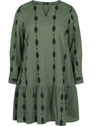 Patterned cotton dress with v-neck and long sleeves, Thyme, Packshot image number 0