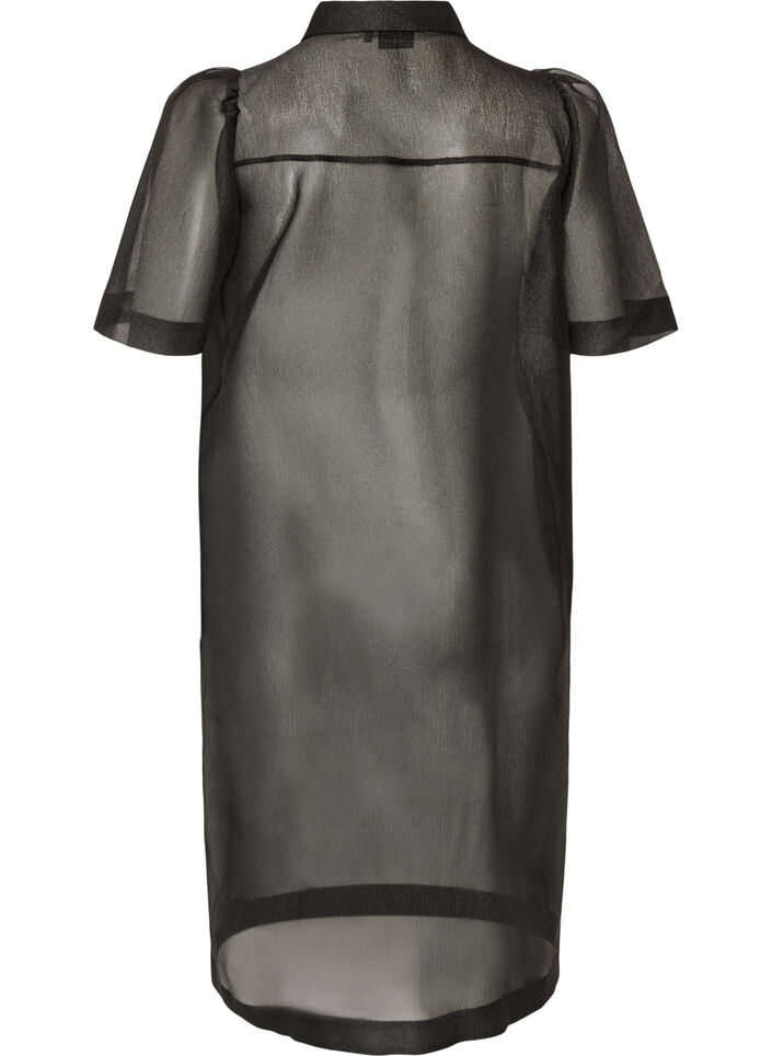 Organza dress with chest pockets and puff sleeves, Black, Packshot image number 1