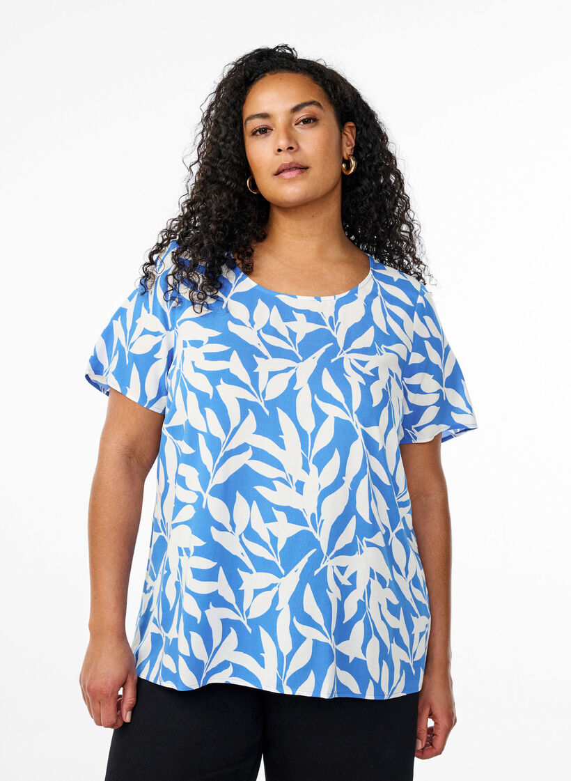 Short sleeve viscose blouse with print, Blue, Model image number 0