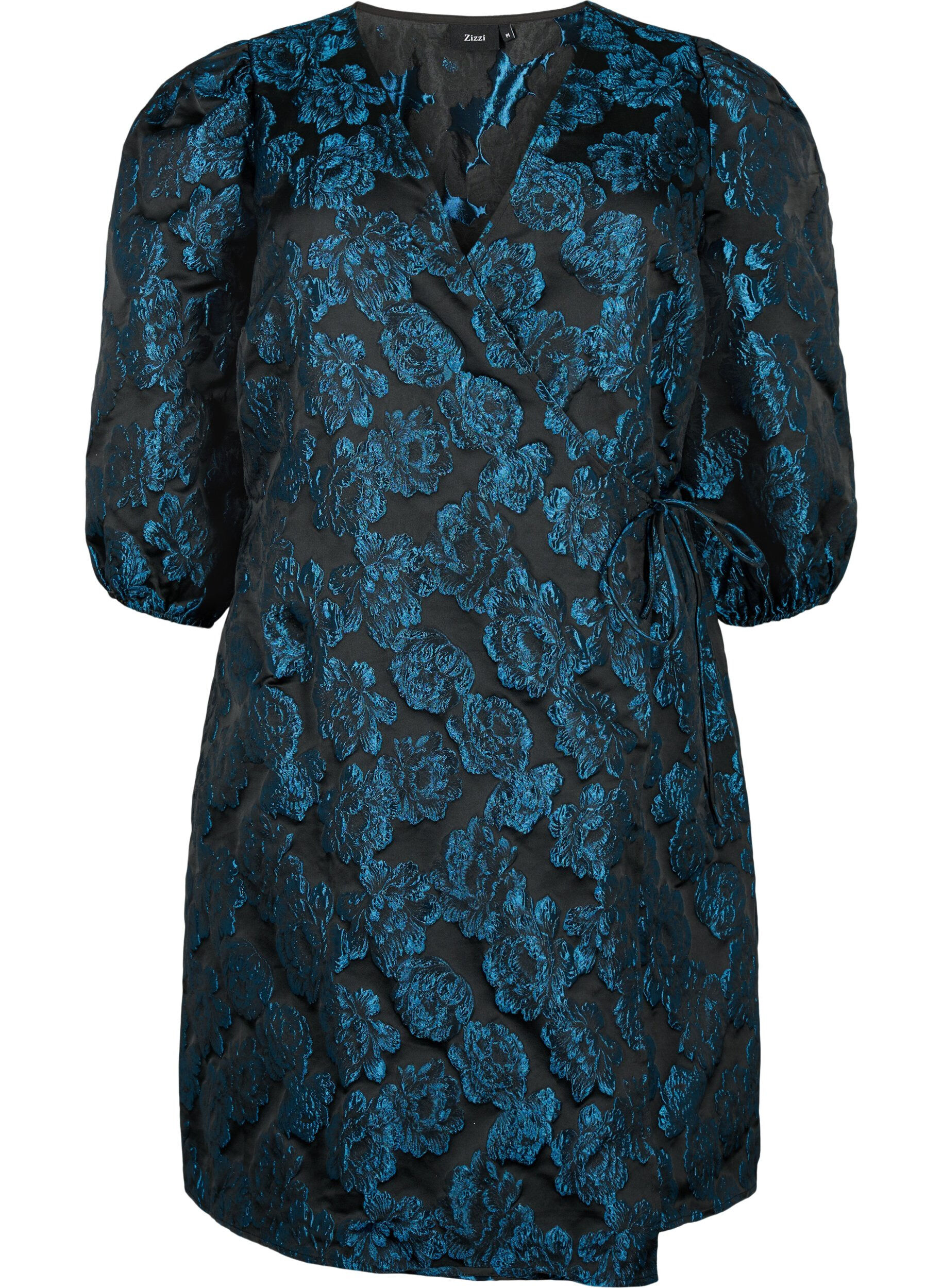 Zizzifashion Jacquard wrap dress with 3/4 sleeves, Black Blue, Packshot image number 0