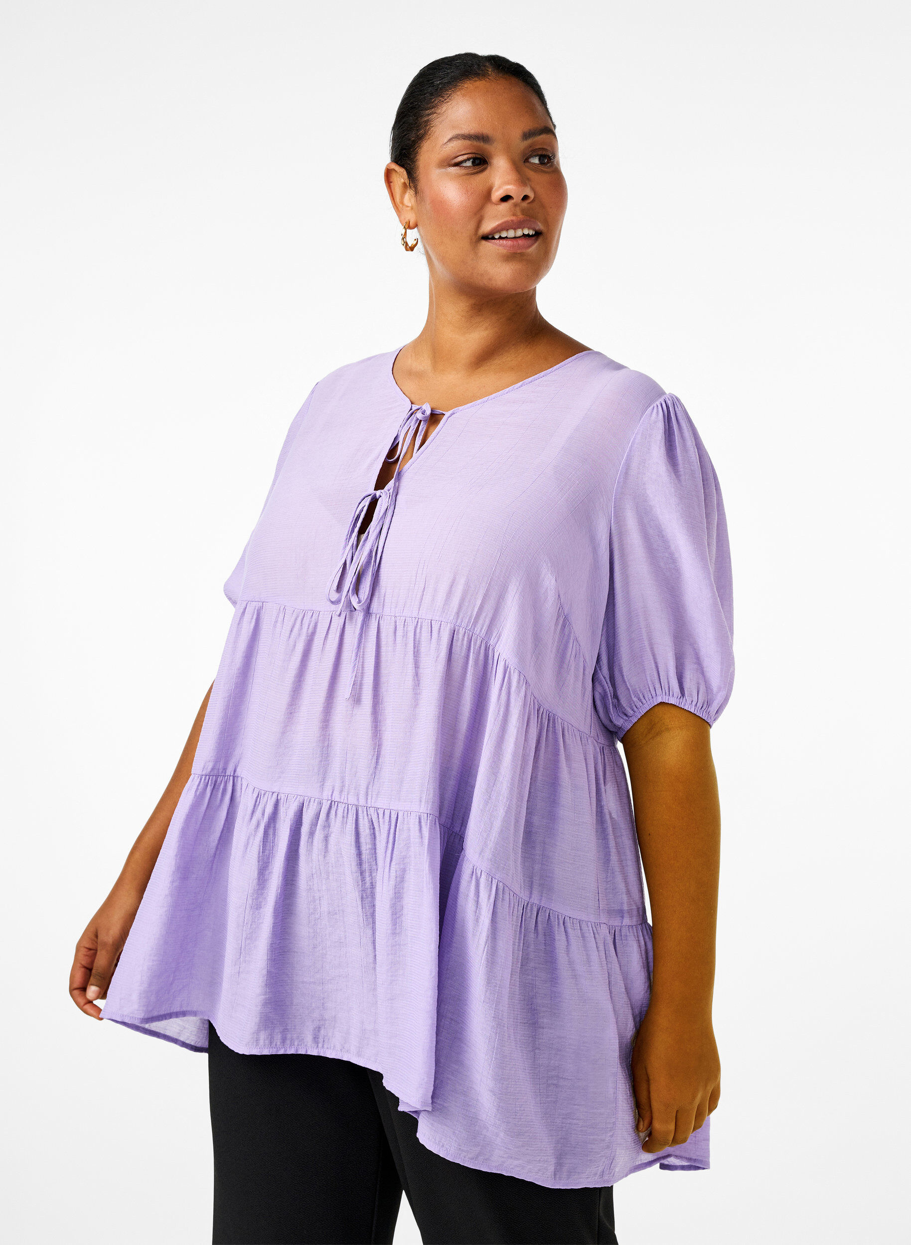 Zizzifashion A-line viscose tunic with lace-up detail, Purple, Model image number 0