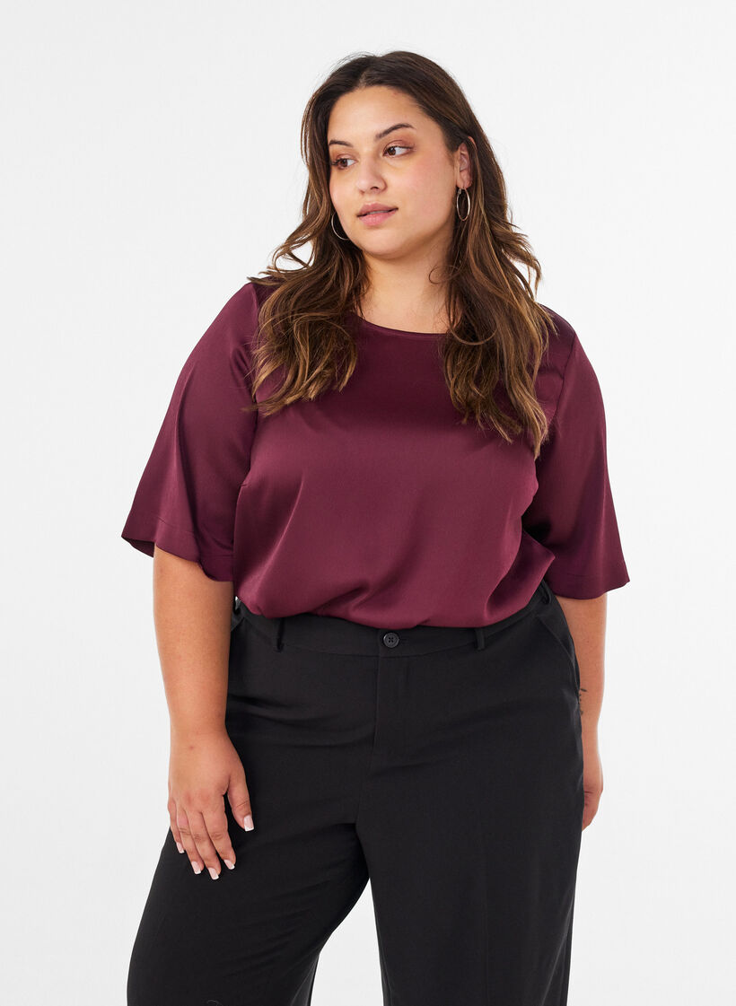 Satin blouse with elbow-length sleeves, Red, Model image number 0