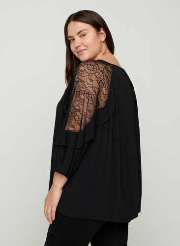Viscose blouse with lace and 3/4 length sleeves, Black, Model image number 1