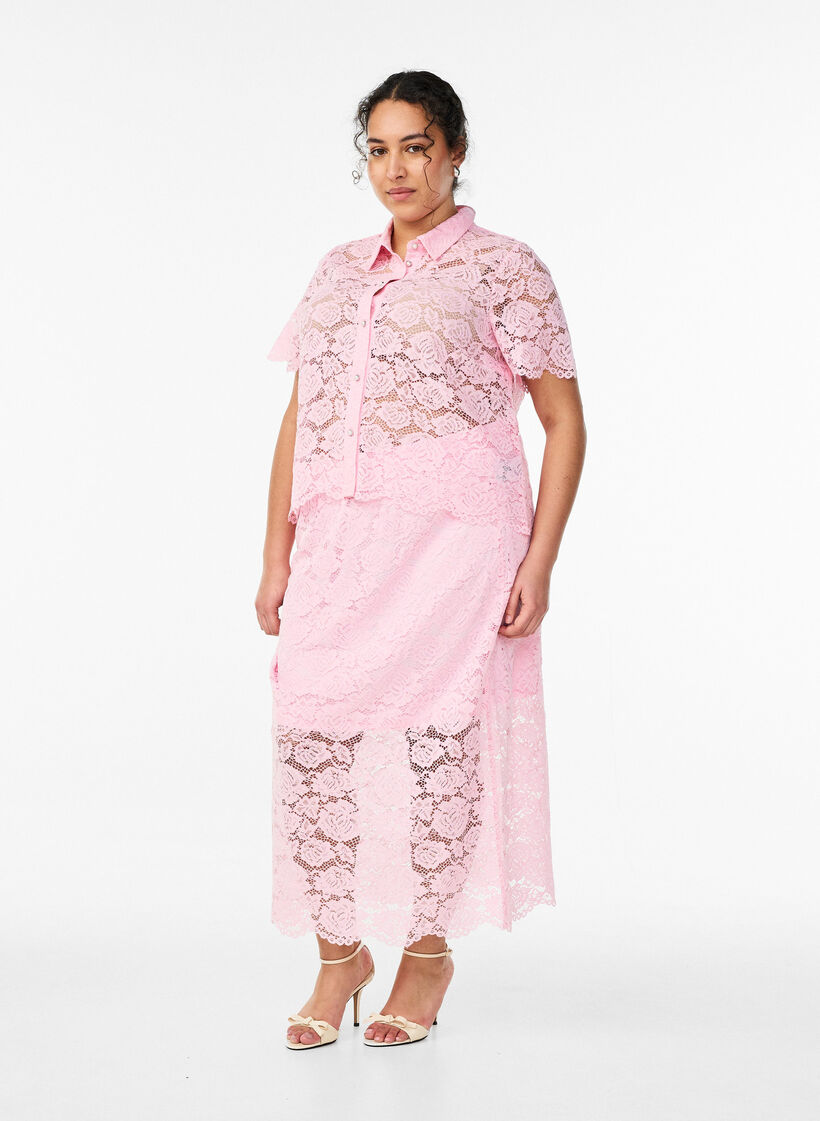 Lace midi skirt with an elasticated waist, Rose, Model image number 0