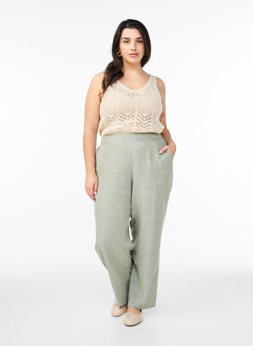 Loose trousers in linen and viscose, Green, Model image number 1