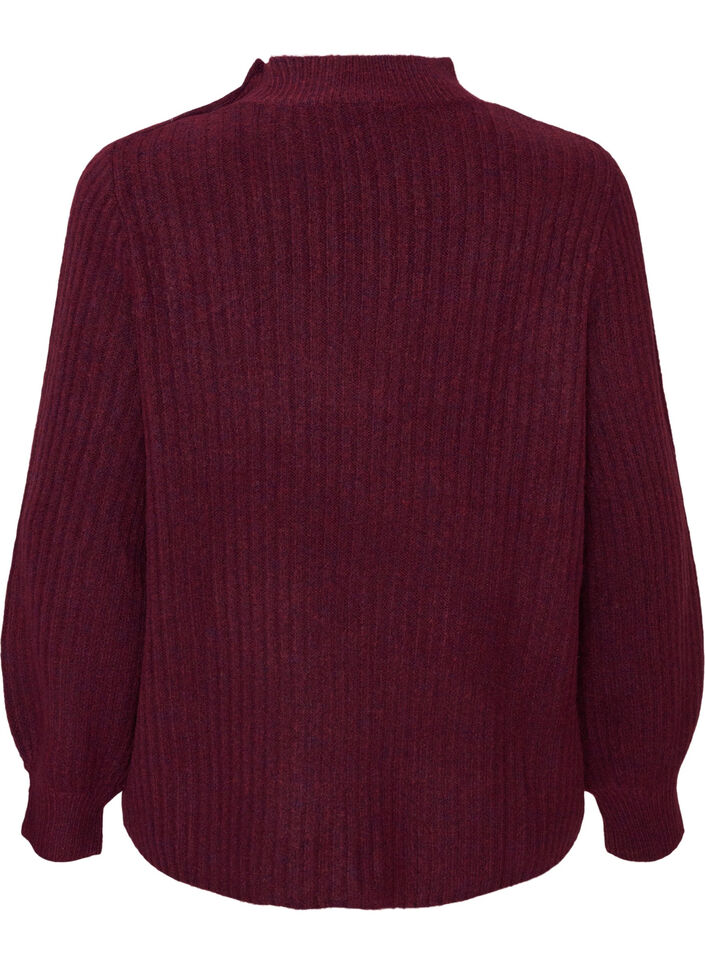 Ribbed jumper with puff sleeves and buttons, Dark Bordeaux, Packshot image number 1