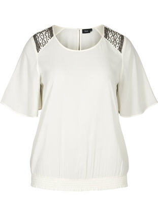 Short-sleeved blouse with decoration at the shoulders , Vanilla Ice, Packshot image number 0