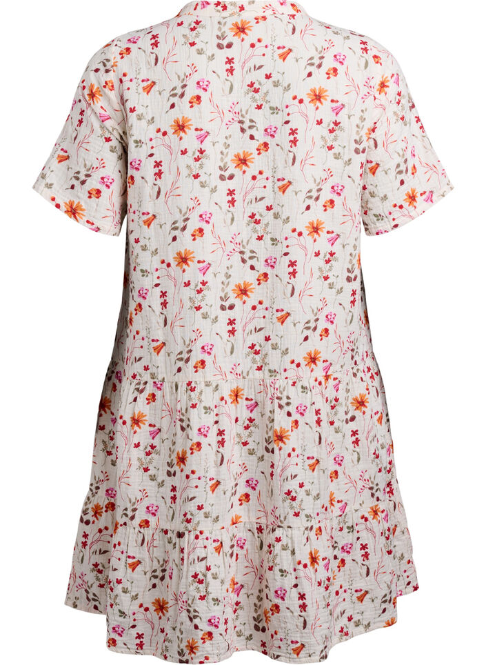 Short cotton muslin dress with flowers, White, Packshot image number 1