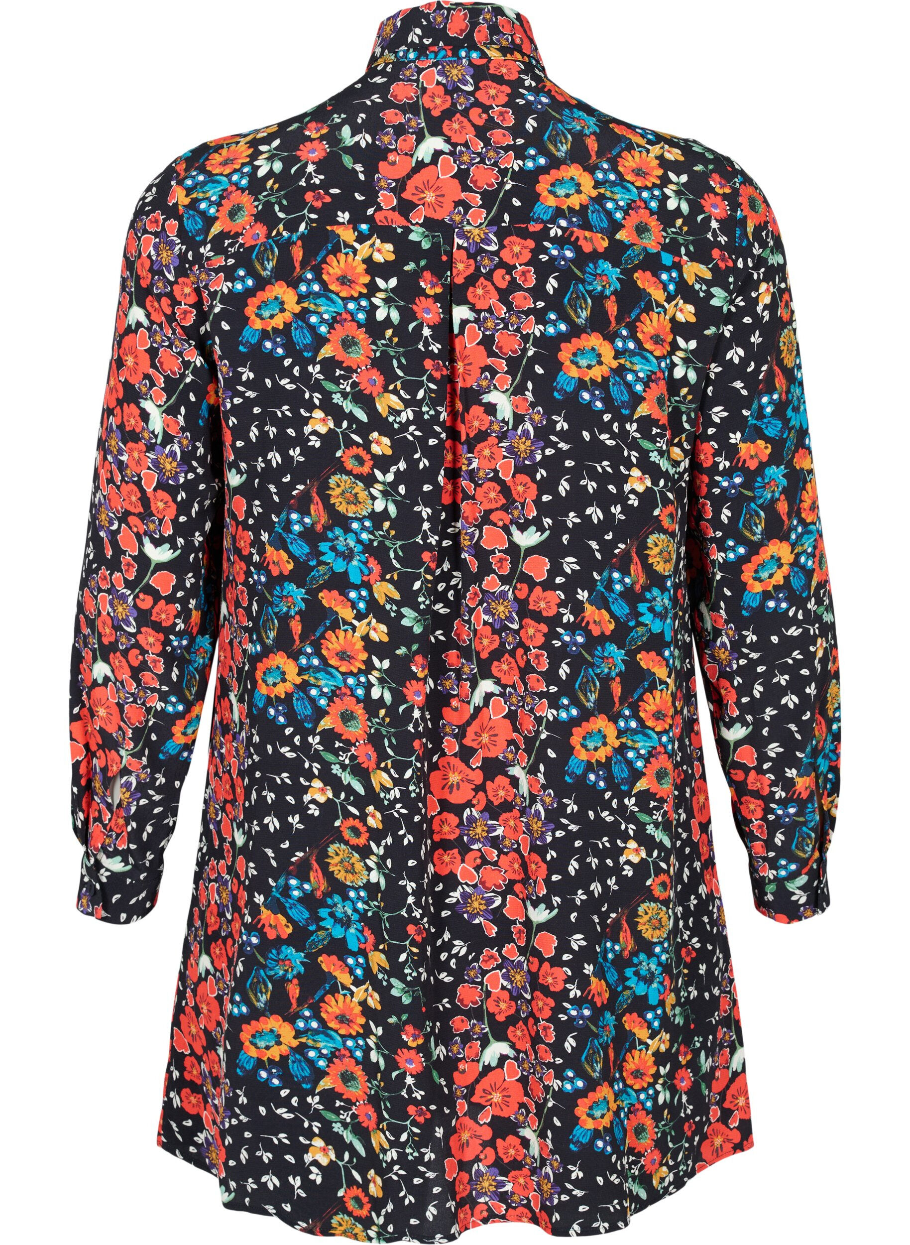 Zizzifashion Long viscose shirt in floral print, Black Flower, Packshot image number 1