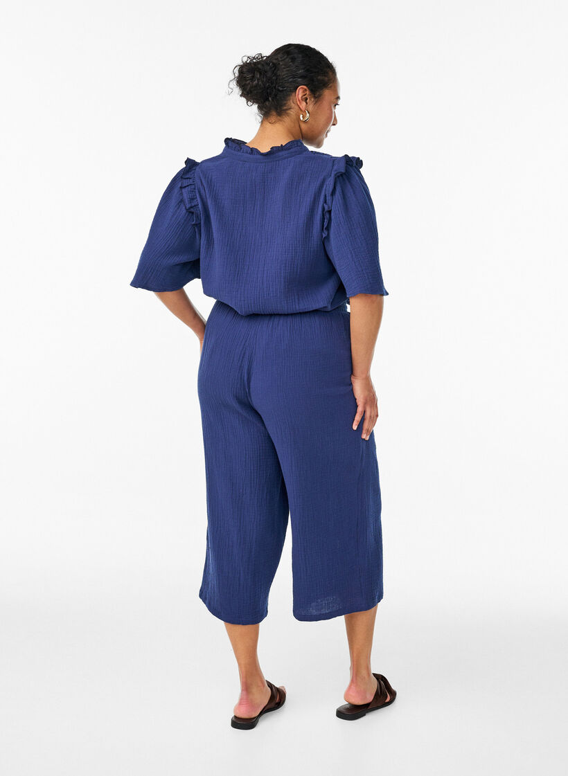Culotte trousers in cotton muslin with high waist, Blue, Model image number 1