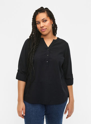 Cotton shirt blouse with v-neck, Black, Model image number 0