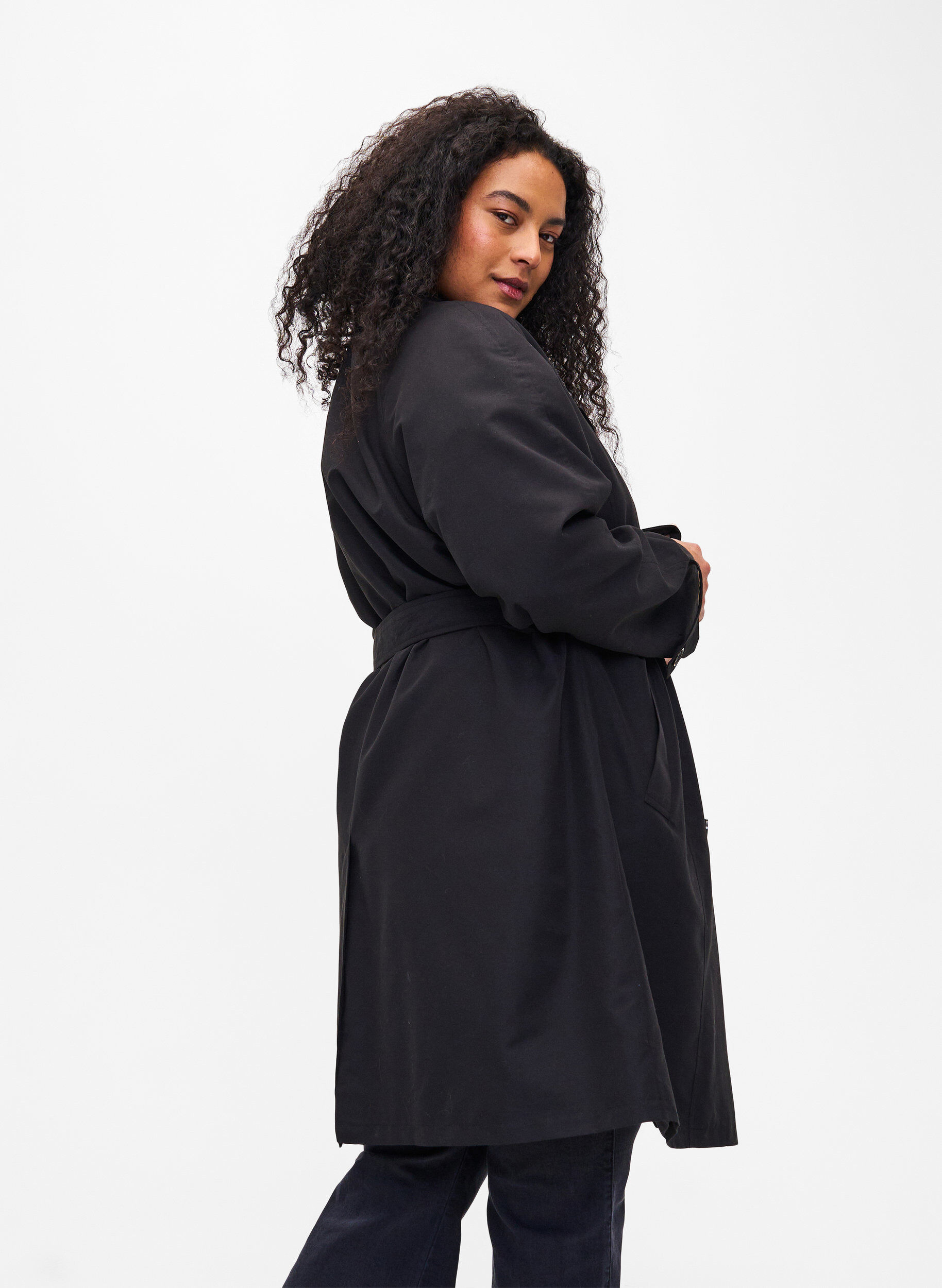Zizzifashion Trench coat with belt and slit, Black, Model image number 2