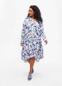 Printed viscose midi dress with long sleeves, Blue Graphic AOP, Model