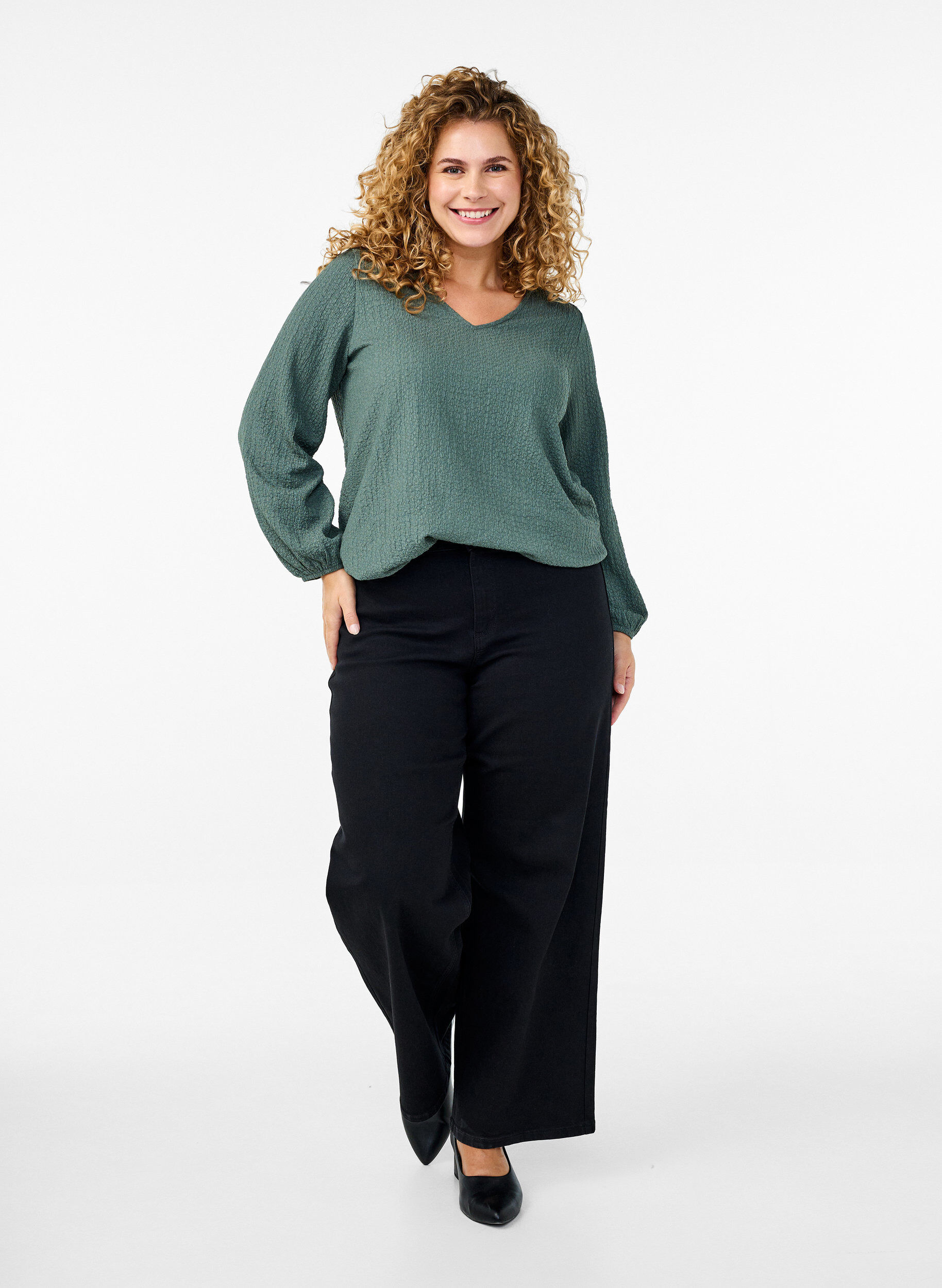 Zizzifashion FLASH - Blouse with texture and long sleeves, Balsam Green, Model image number 2