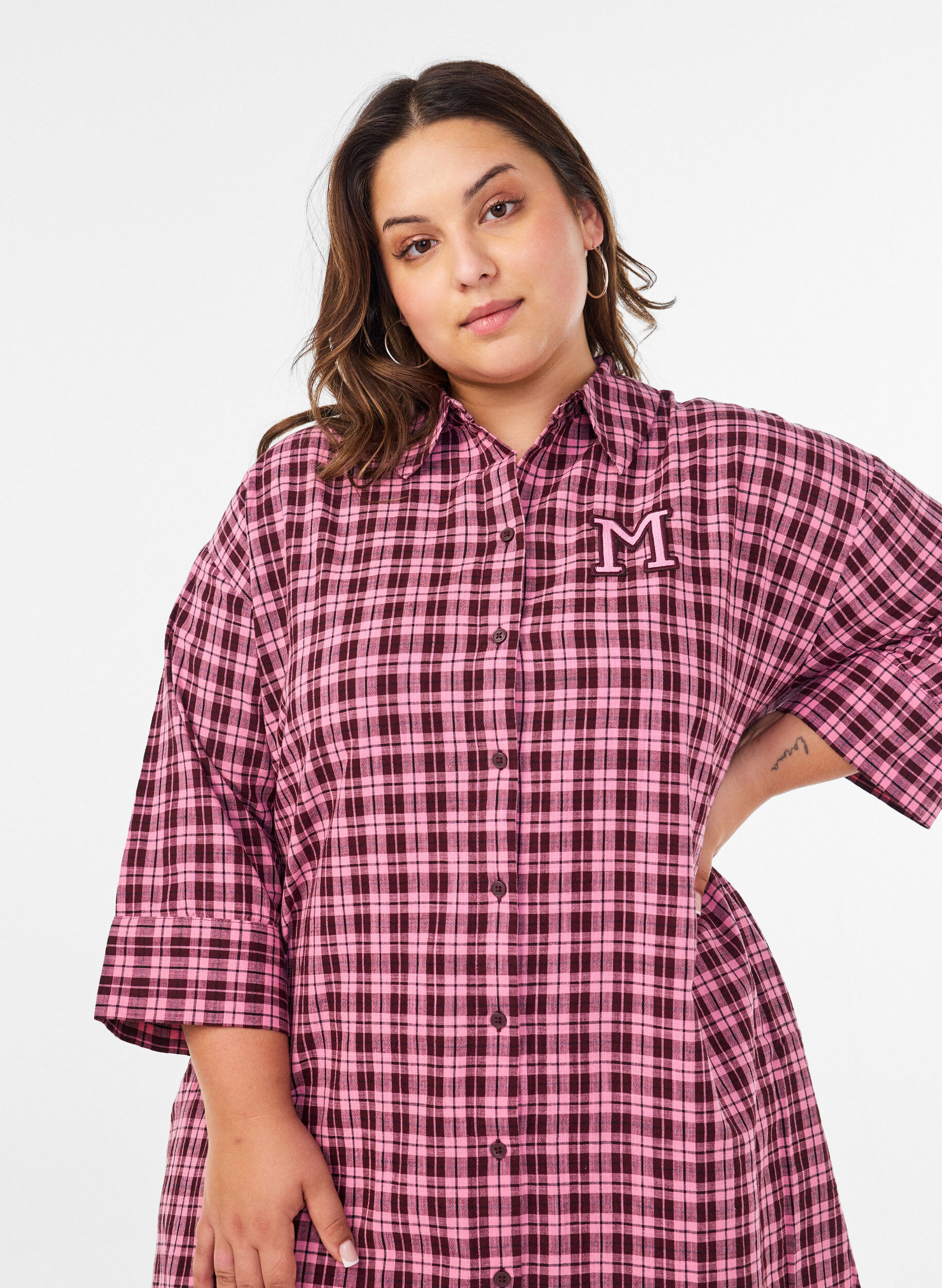 ZizzifashionLong checked shirt with 3/4 sleeves, Pink, Model image number 2