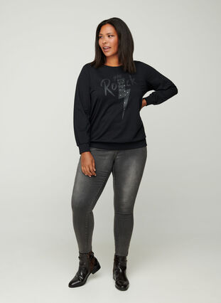 Cotton sweatshirt with a print on the chest, Black w. Black, Model image number 2