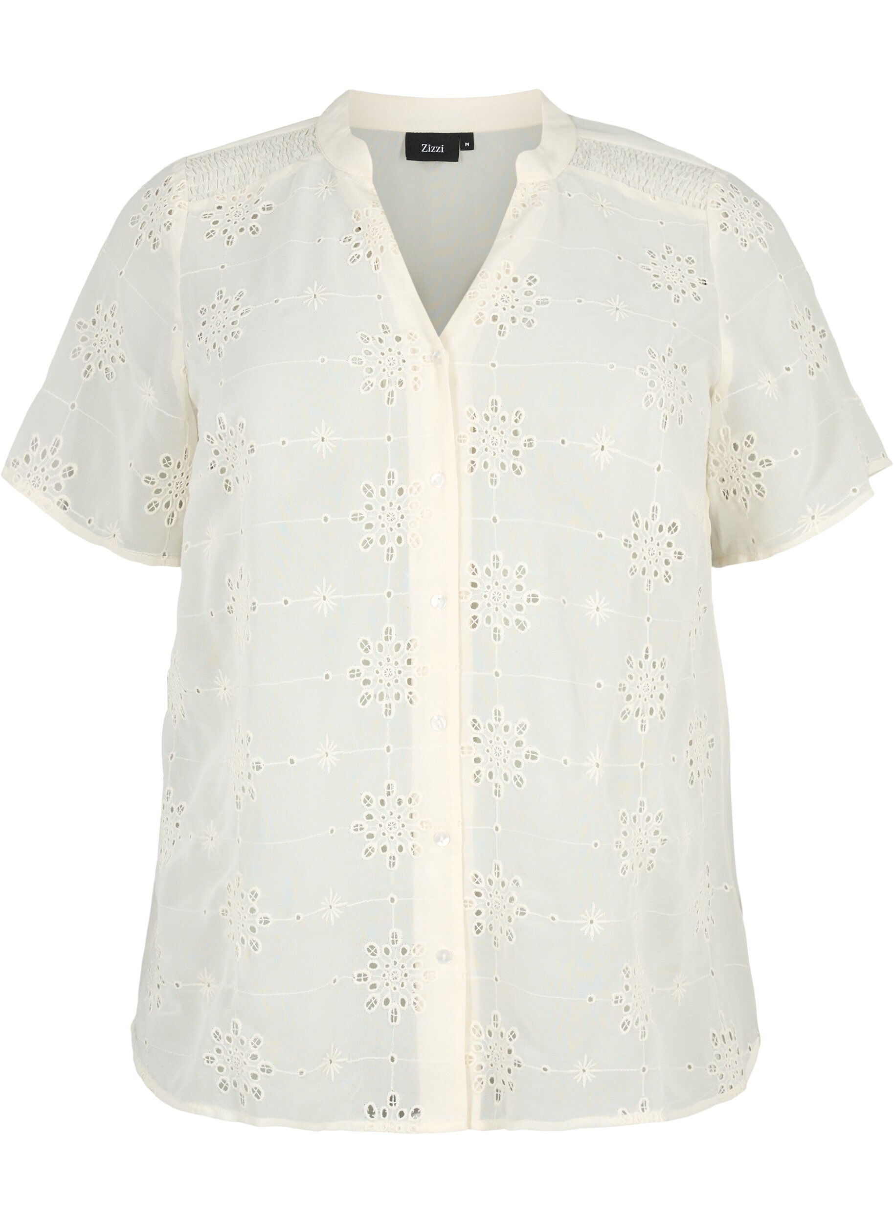 Short sleeve shirt blouse with broderie anglaise