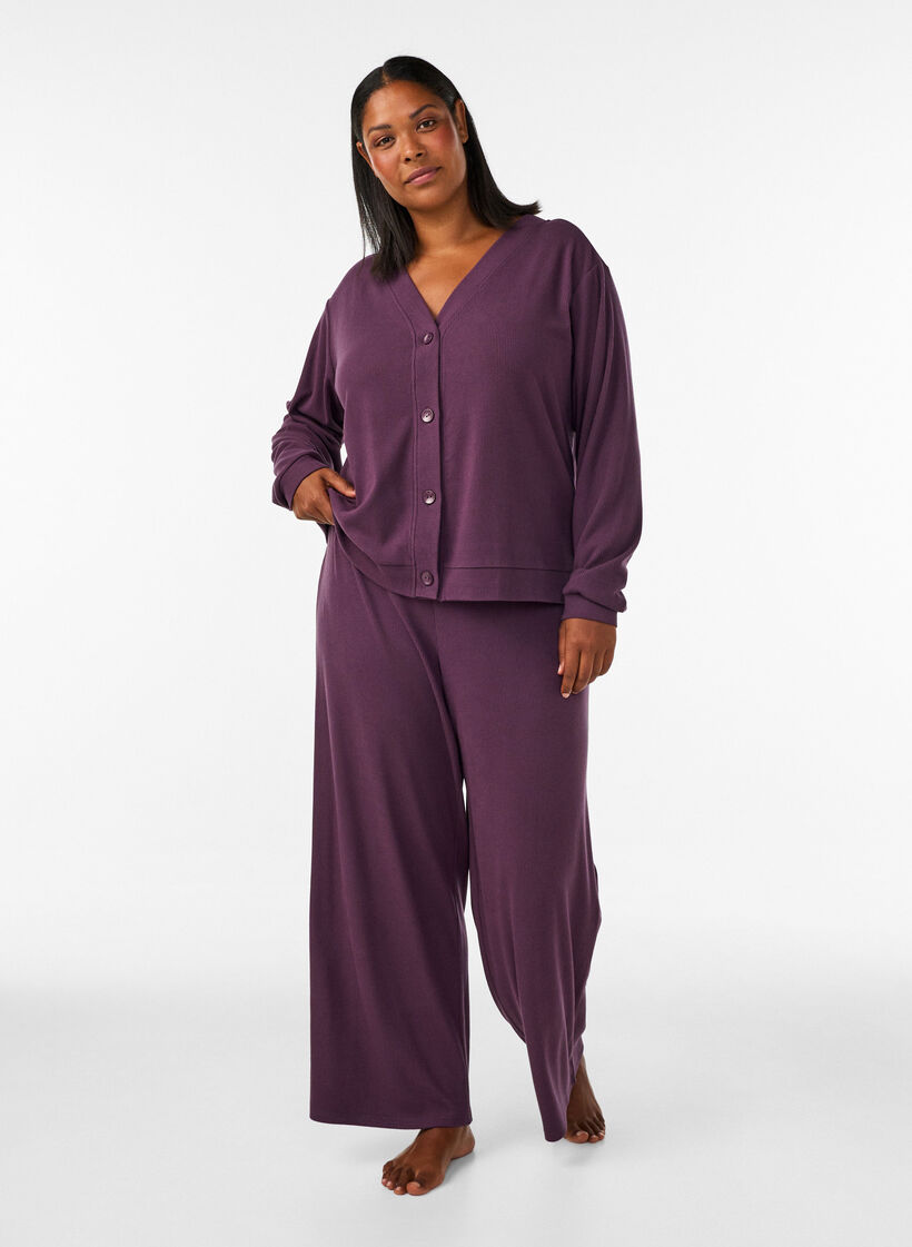 Ribbed jersey cardigan with V-neck, Purple, Model image number 1