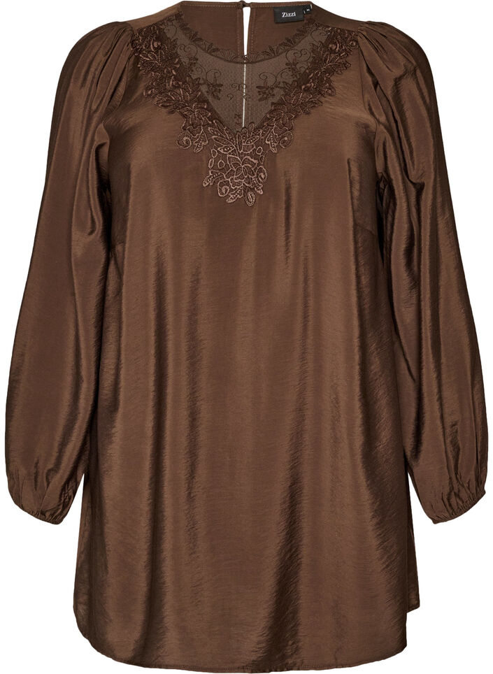 Tunic in viscose with lace detail, Brown, Packshot image number 0