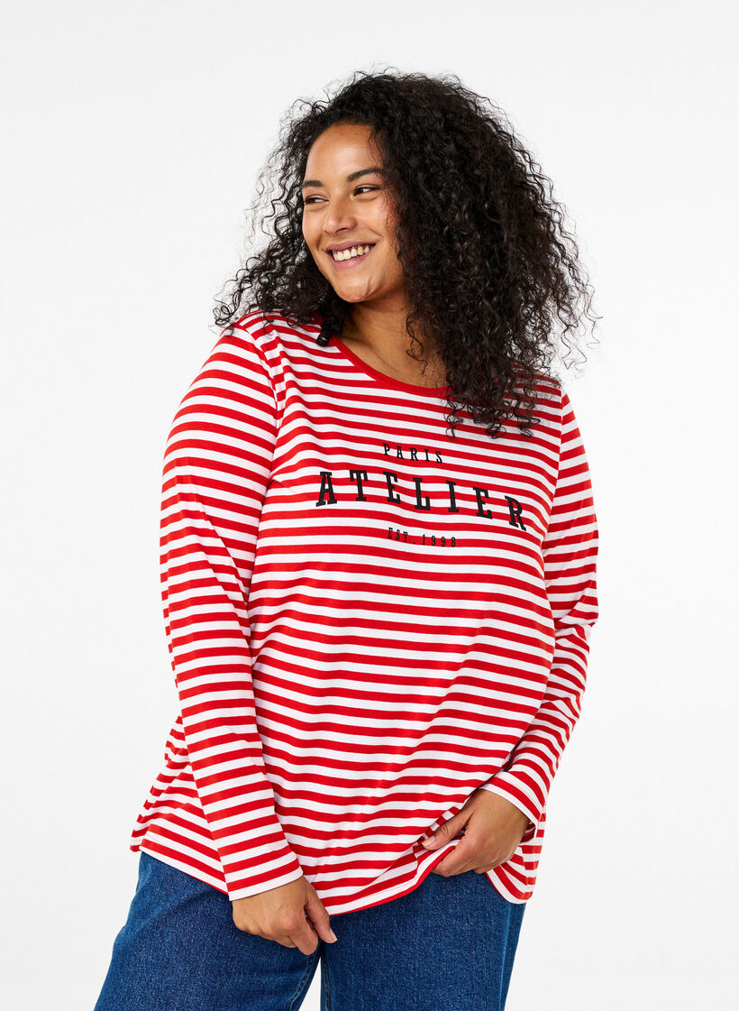 Striped blouse with motif, Whitew.FlameS.Stripe, Model image number 0